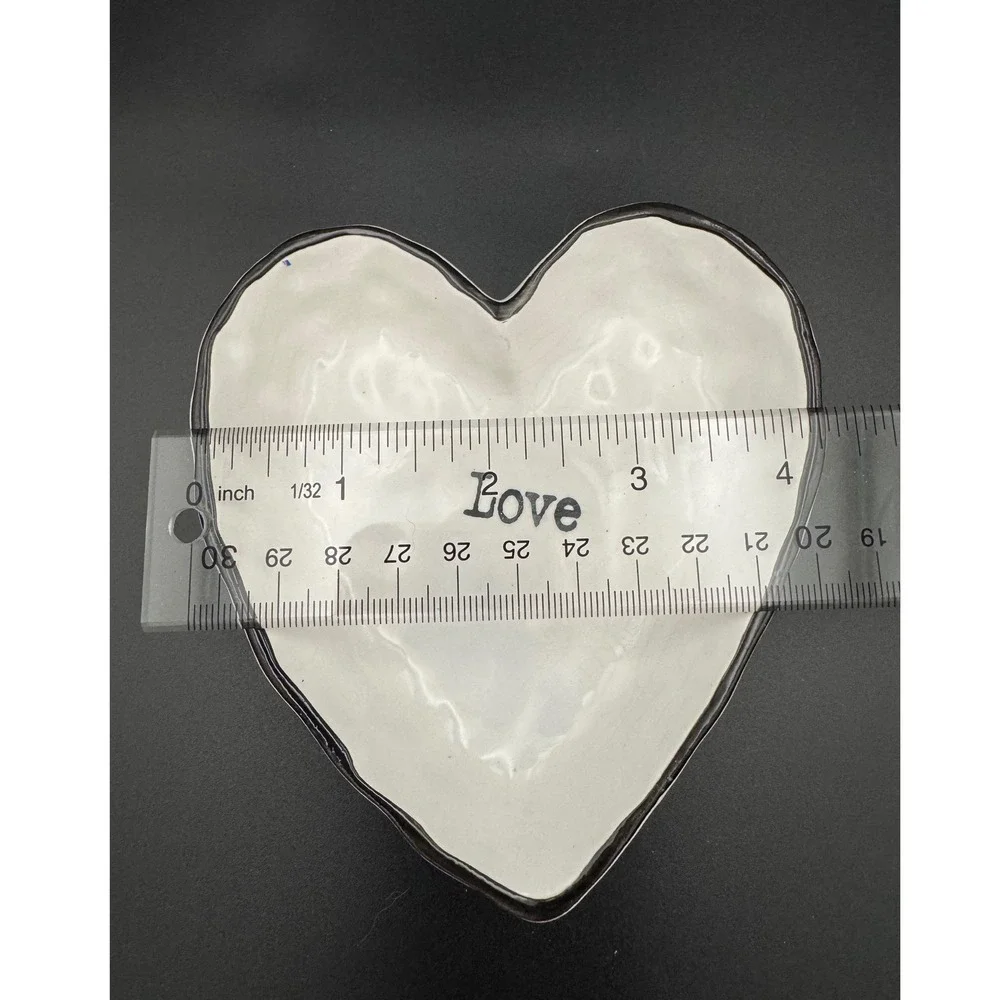 White Ceramic Heart Trinket Dish Love Stamped Jewelry Ring Bowl Farmhouse Decor